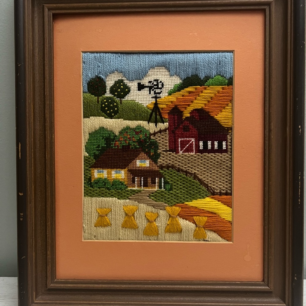Vintage 90s Artisan Needlepoint Framed Farmhouse Scene - Picture 8 of 16